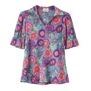 ANDRÉE by Unit Blue Pink Floral Boho Blouse  Ruffle Sleeve V-Neck Lightweight